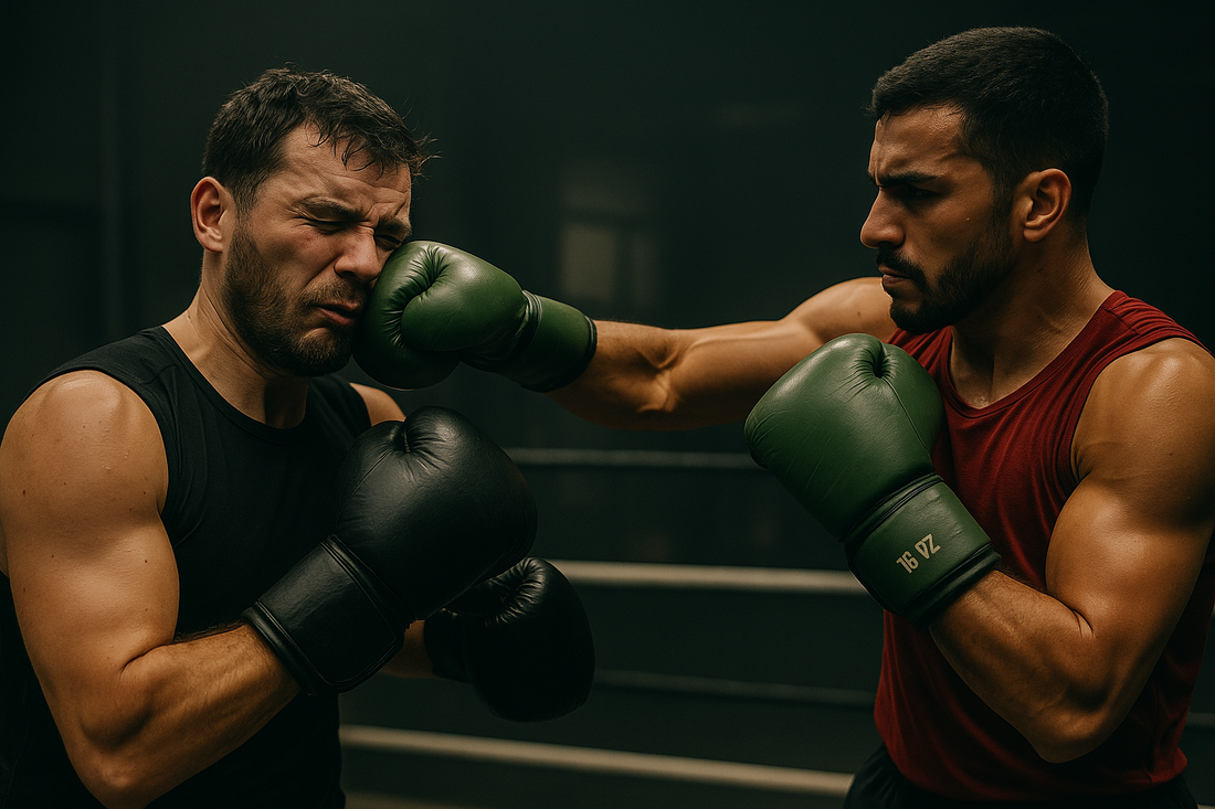 Boxer lands a punch during sparring with 16oz gloves, showing protection and balance in boxing fighting training.