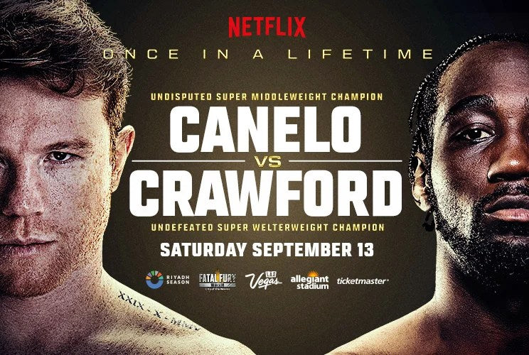 Promotional poster for Canelo vs Crawford on September 13, 2025, featuring close-up portraits of Saul “Canelo” Álvarez and Terence “Bud” Crawford, with fight details and venue information.