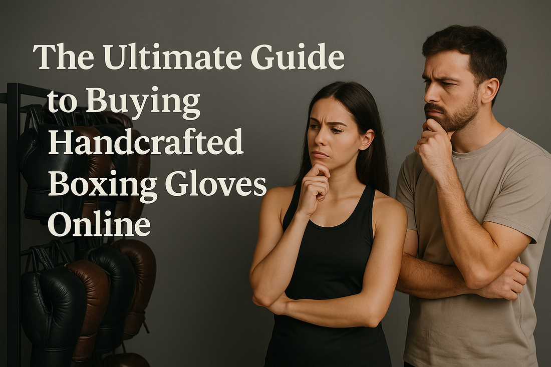 A man and woman thoughtfully comparing handcrafted boxing gloves on a store rack, illustrating the decision process in buying training boxing gloves for sparring and online use.