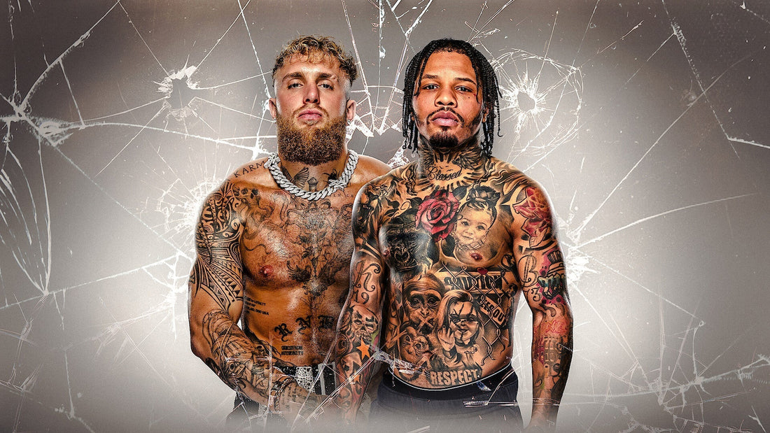 Promotional image of Jake Paul and Gervonta “Tank” Davis facing off shirtless with a cracked glass background, advertising their upcoming exhibition fight.