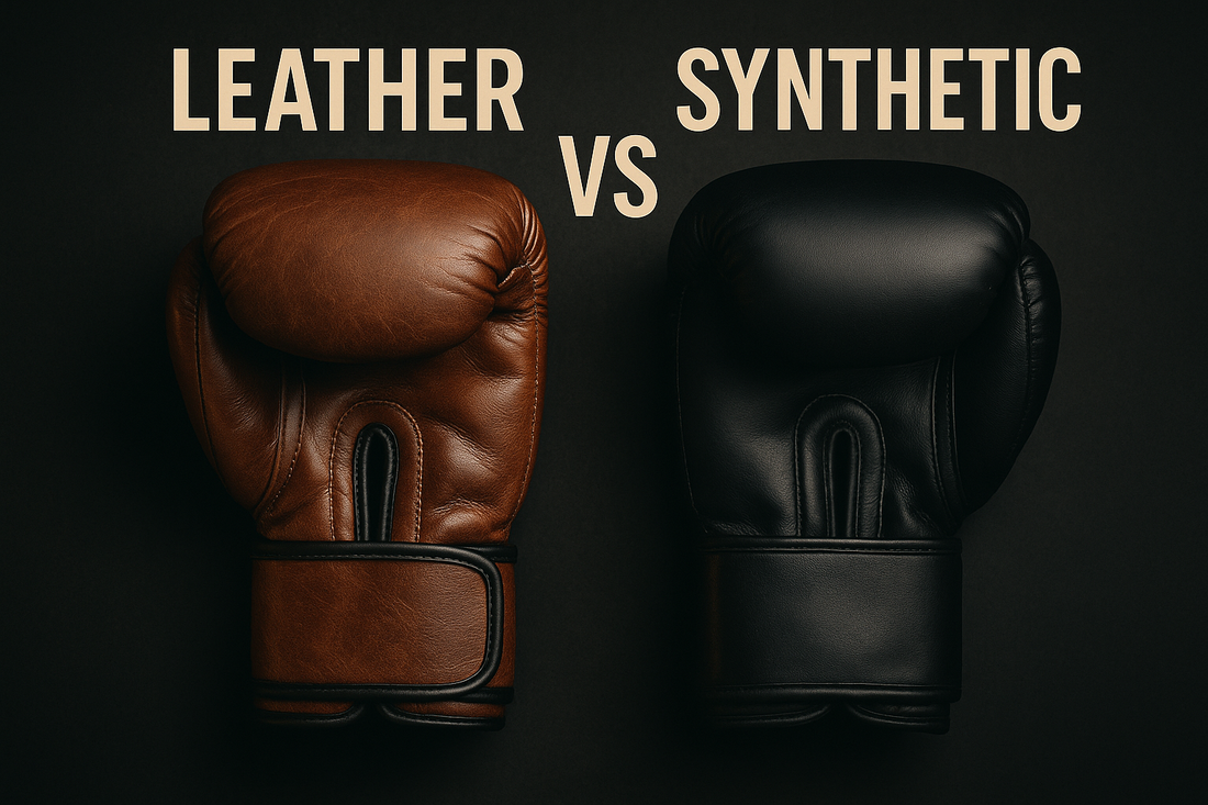 Two boxing gloves side by side on a gym bench — one made of real leather, the other synthetic — highlighting the difference in material and texture for the blog “Leather vs Synthetic Boxing Gloves: Pros and Cons”.