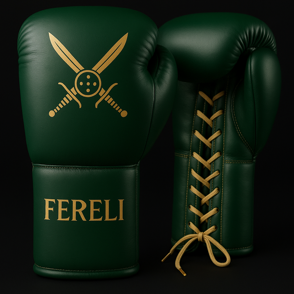 Fereli Dastan - 16oz lace boxing gloves for boxing hands in deep green leather with gold detailing, inspired by Mughal warriors, on a black background.