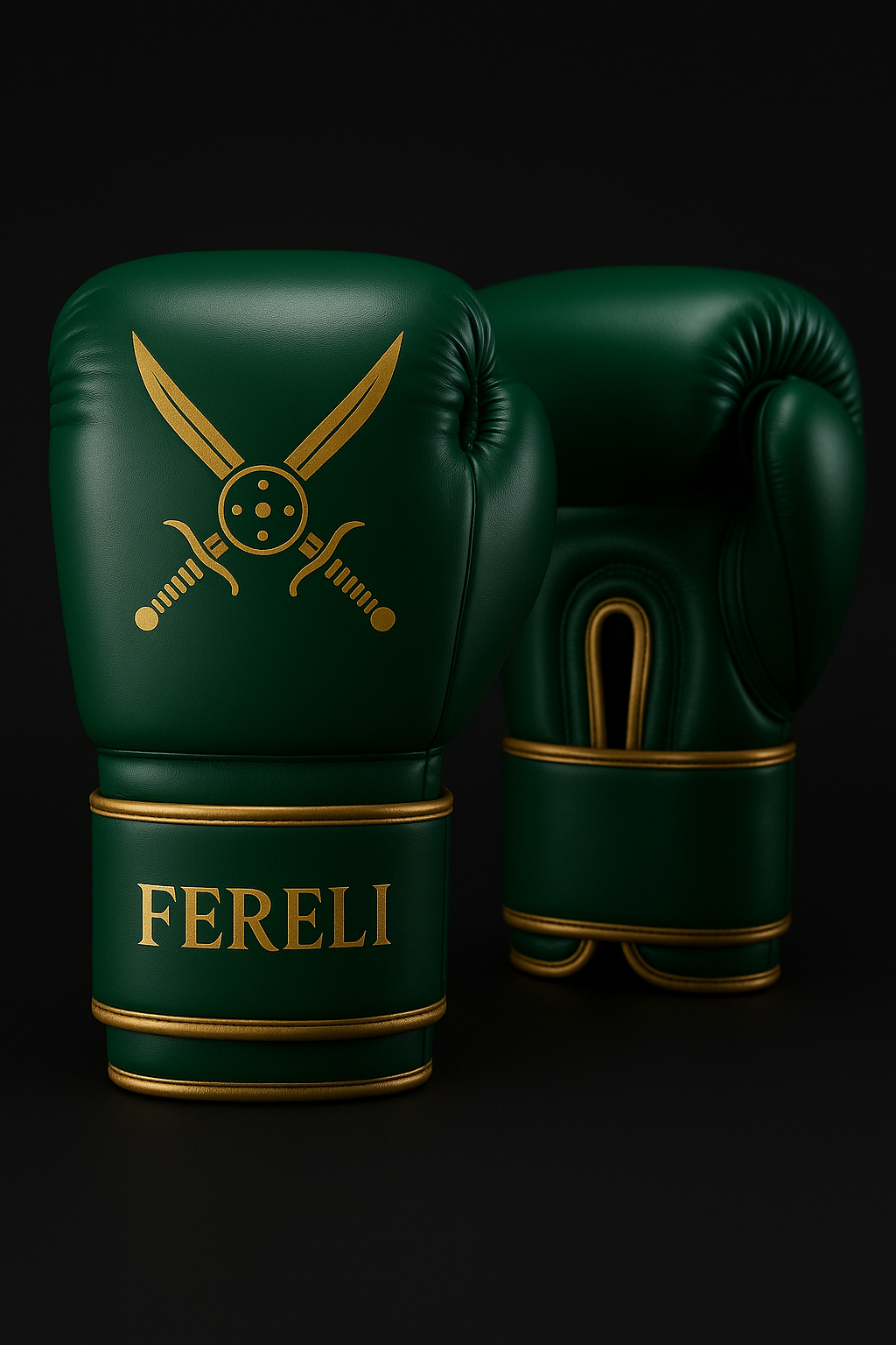 Fereli Dastan - 16oz strap boxing gloves for boxing hands in deep green leather with gold detailing, inspired by Mughal warriors, on a black background.