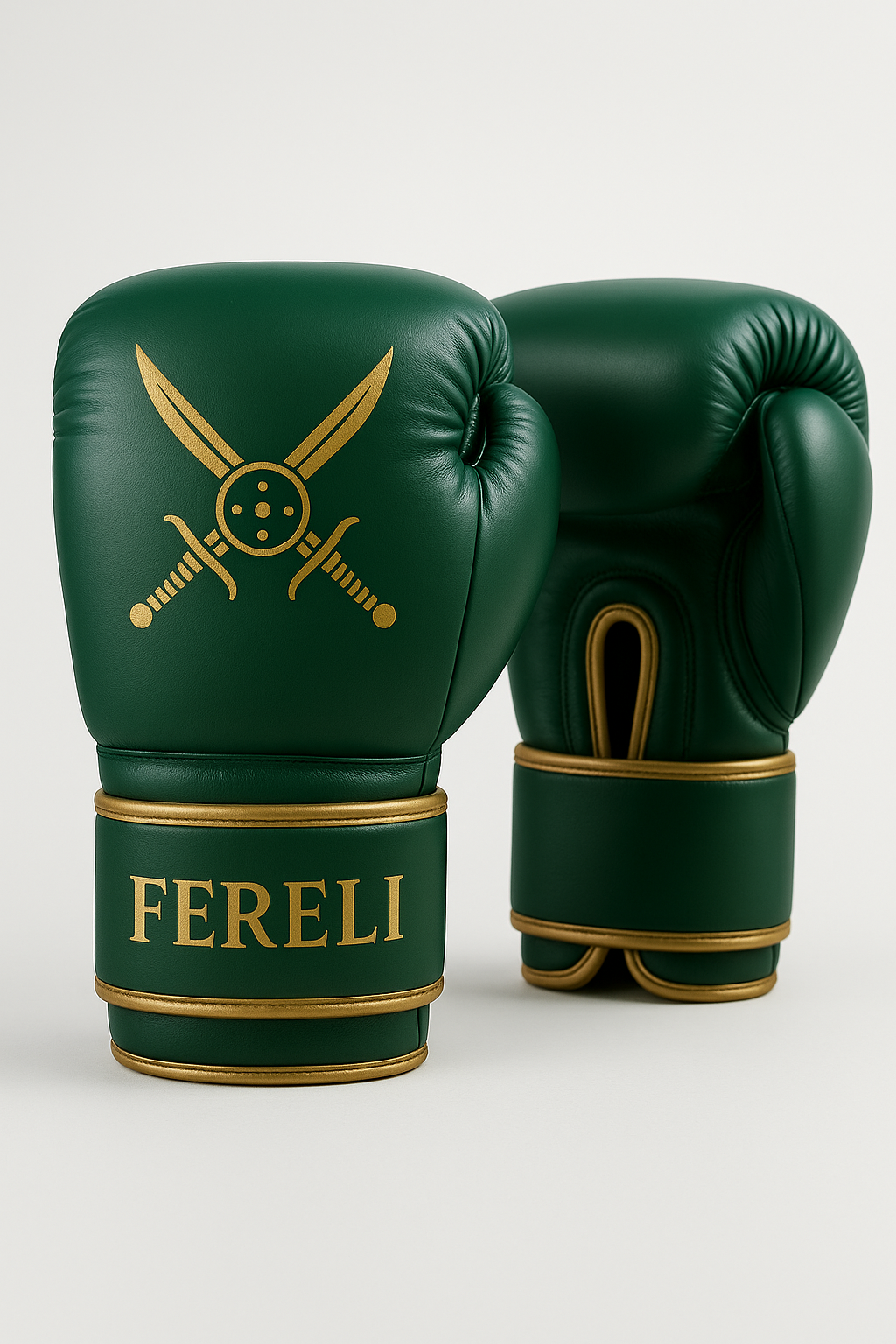 Fereli Dastan - 16oz strap boxing gloves for boxing hands in deep green leather with gold detailing, inspired by Mughal warriors, on a white background.
