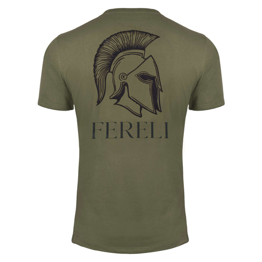 Back view of Fereli Aegis luxury fightwear t-shirt featuring Spartan helmet artwork and Fereli branding
