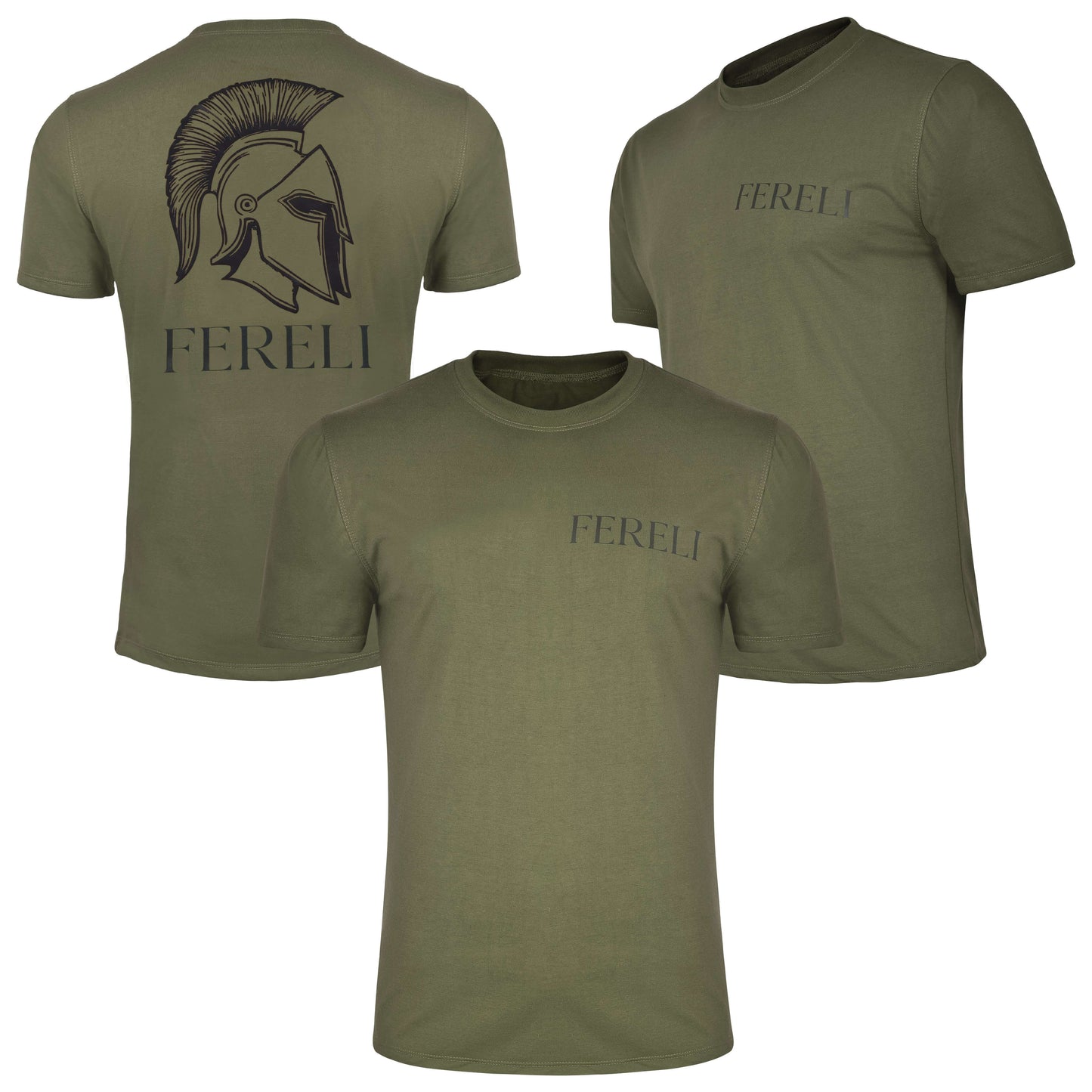 Fereli Aegis luxury fightwear t-shirt in olive green showing front, back, and angled views with Spartan helmet graphic