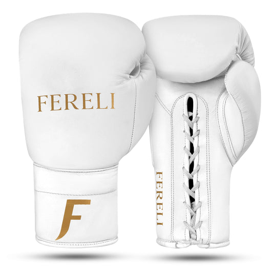 Fereli Aether leather and lace boxing gloves in white, premium boxing leather design for beginners and professionals