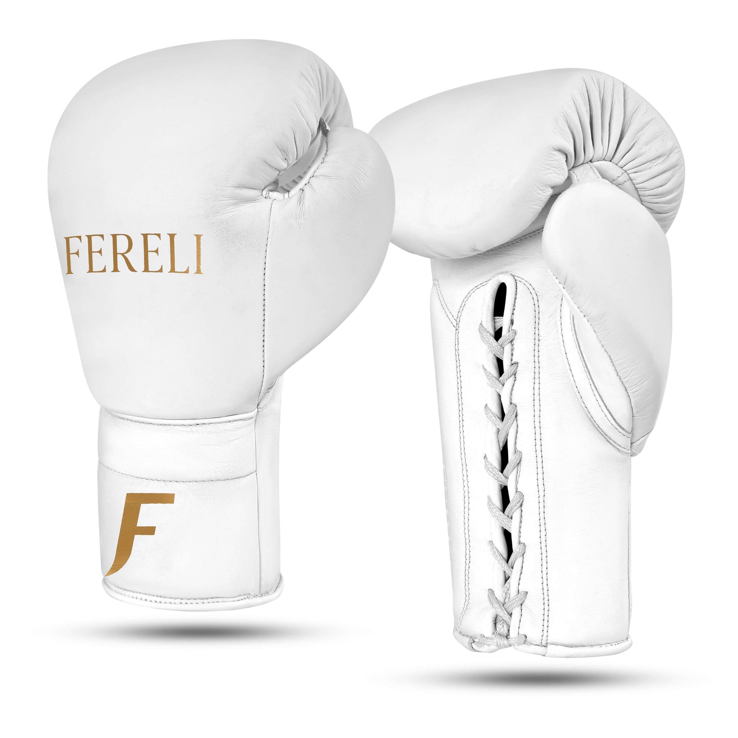 Fereli Aether leather and lace boxing gloves in white shown side by side, premium boxing leather gloves ideal for beginners