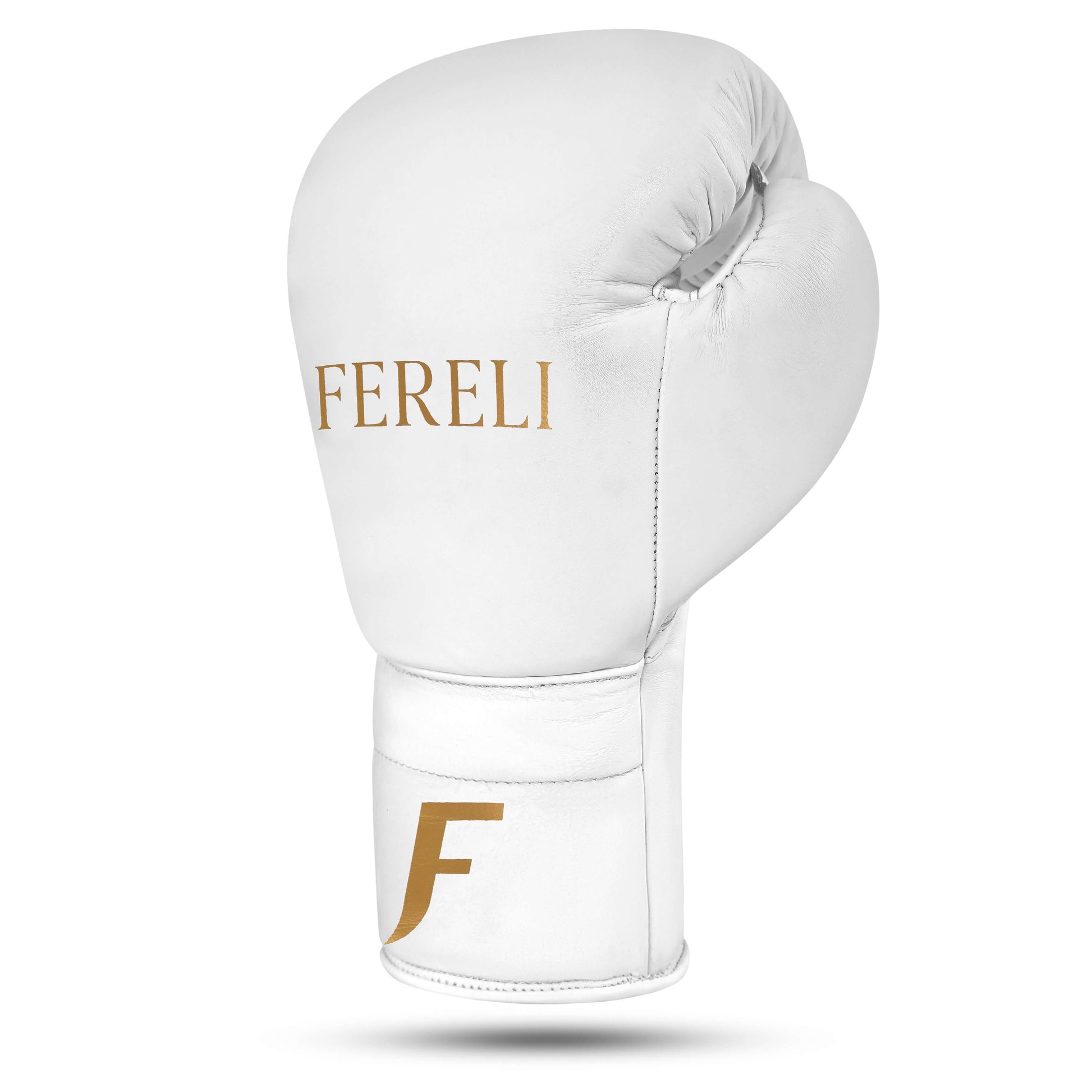Fereli Aether leather and lace boxing glove in white, side view showing premium boxing leather for beginners