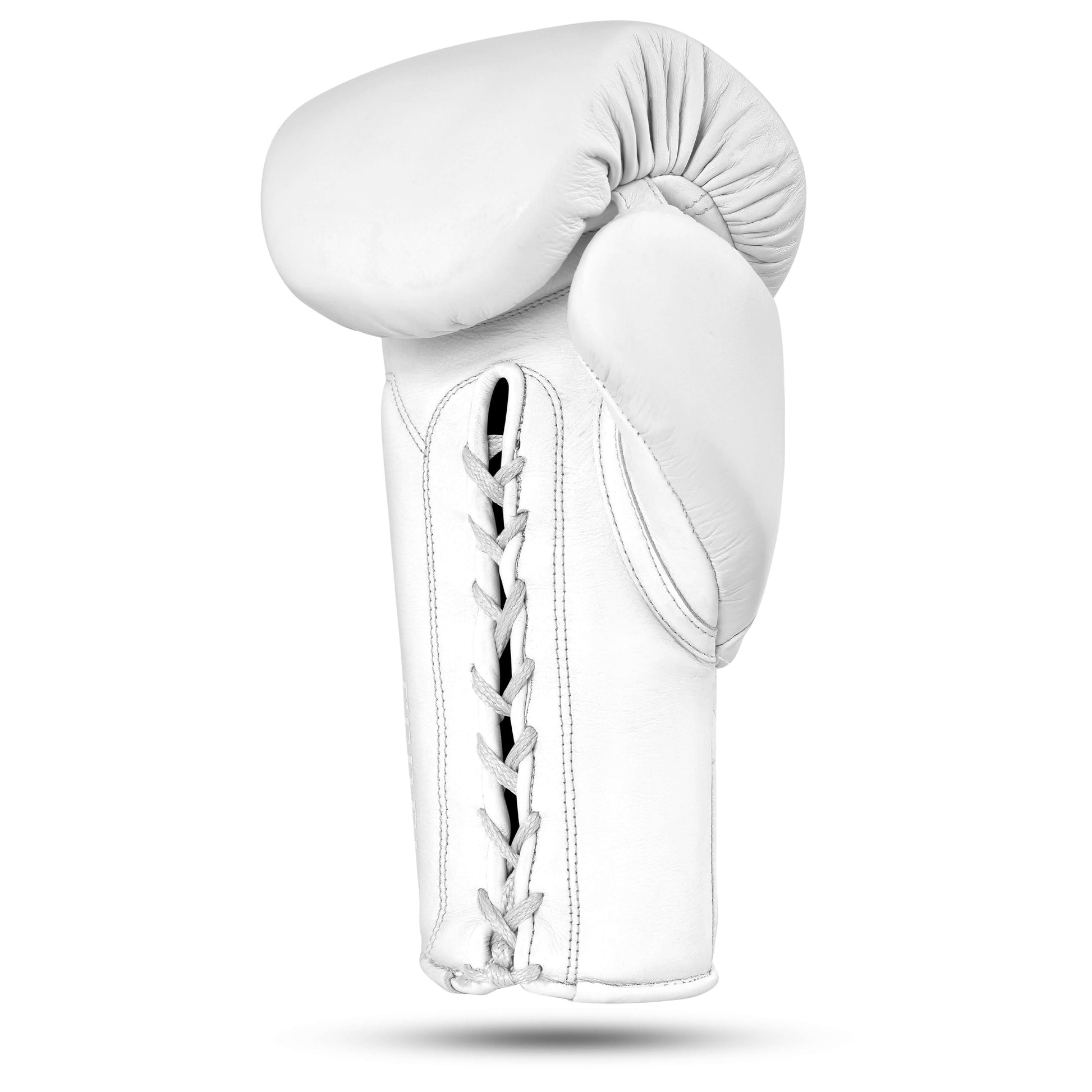 Fereli Aether leather and lace boxing glove in white, side view highlighting lace-up design and premium boxing leather ideal for beginners