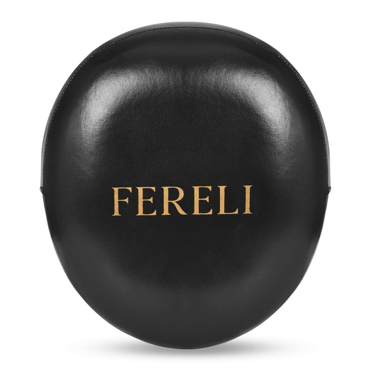 Black Fereli Air Mitts – front view showcasing premium top grain leather surface with gold Fereli branding, designed as big mitts for kick and punch pad training and boxing strike pad drills.
