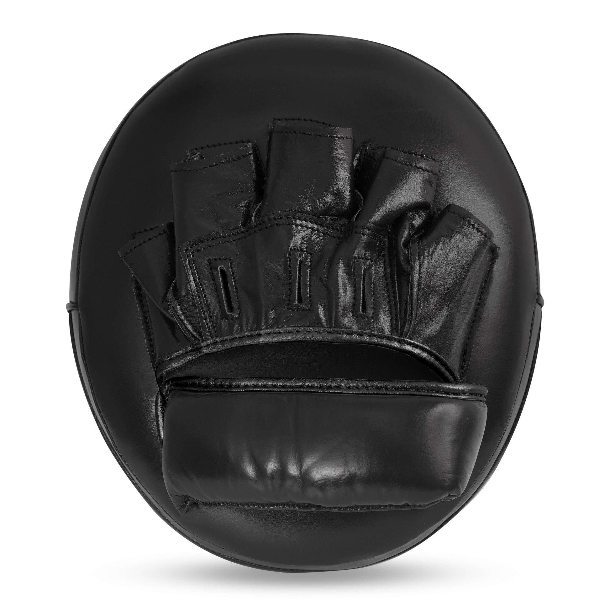 Rear view of Fereli Air Mitts in black, showing padded finger slots and wrist support for maximum trainer comfort—crafted from top grain leather and ideal for big mitts training, kick and punch pad work, and boxing strike pad sessions.