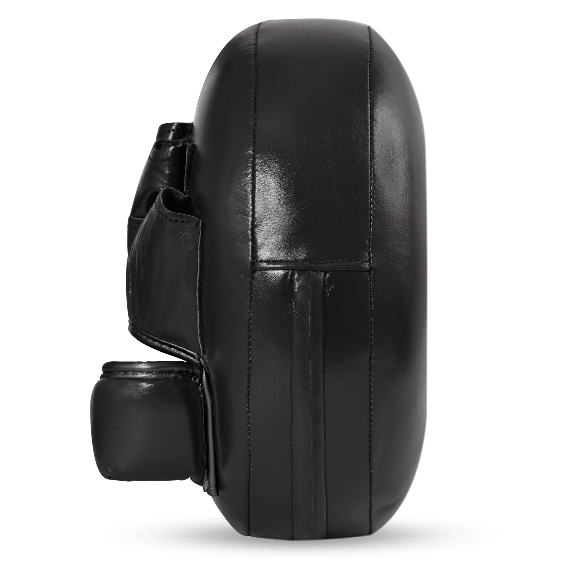 Side view of Fereli Air Mitts in black, highlighting the thick padded profile for superior shock absorption—made with top grain cowhide leather for durability during intense boxing, kick, and punch pad training.