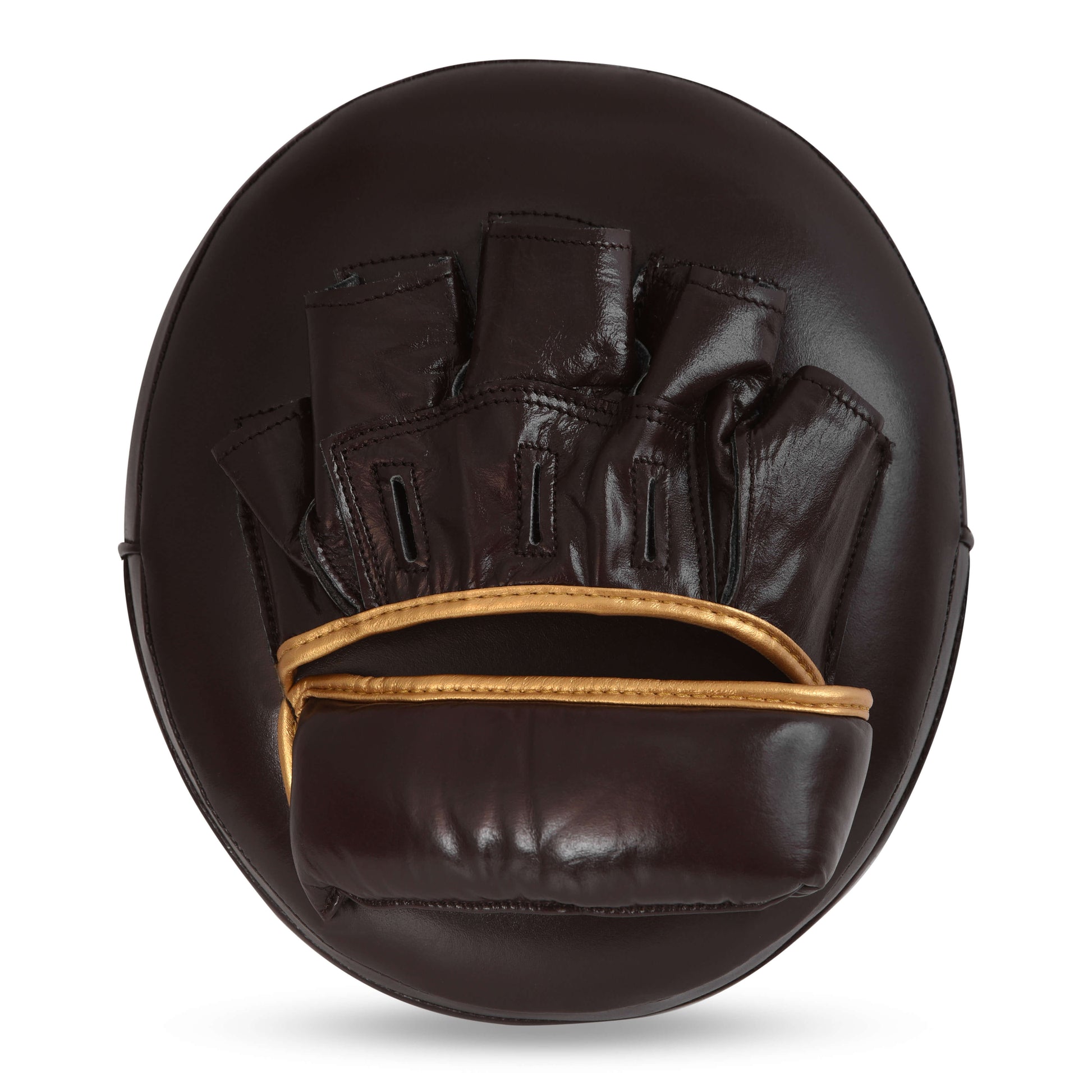 Rear view of Fereli Air Mitts in brown with gold trim, showcasing finger slots and padded wrist support—crafted for premium boxing, kick pad, and strike training.