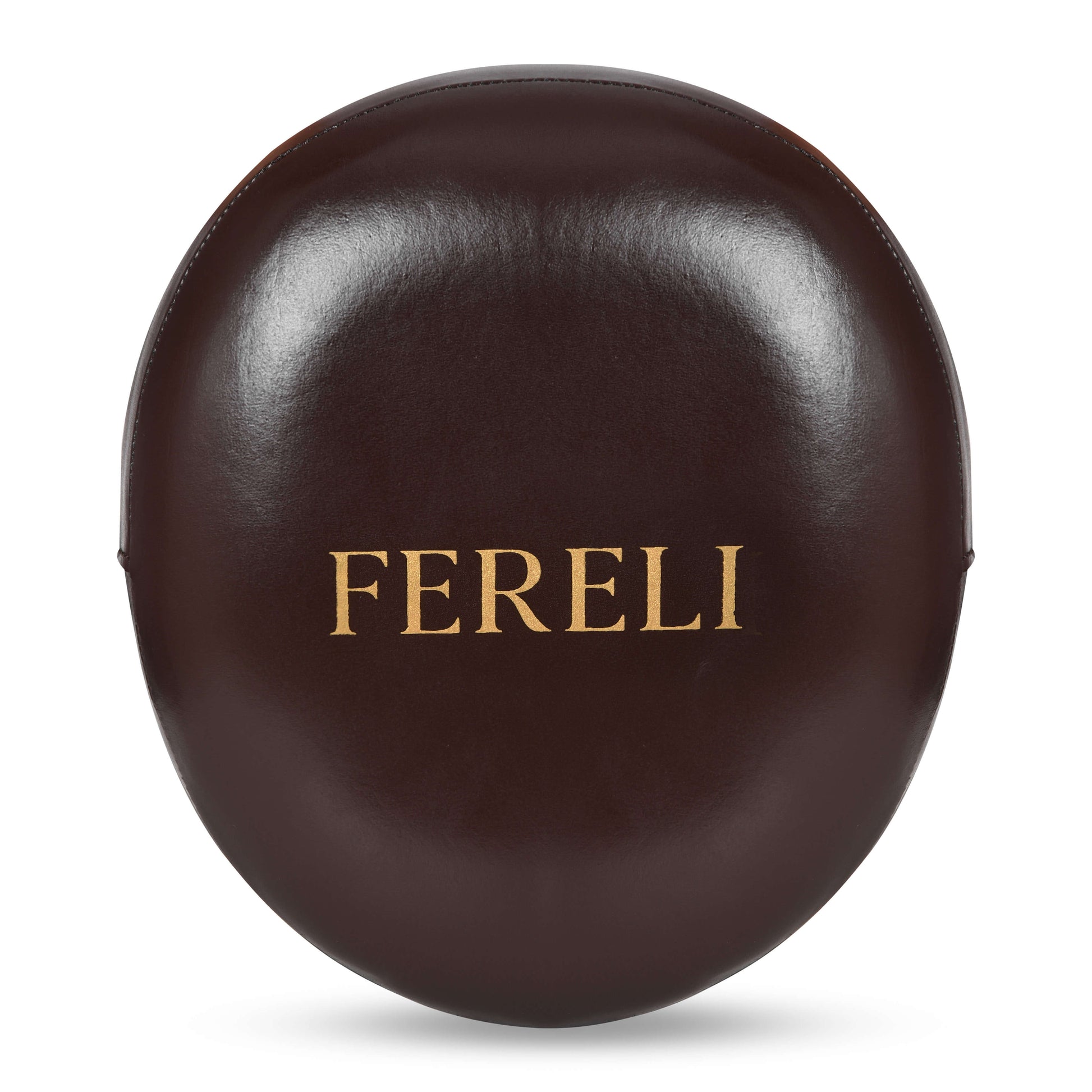 Front view of Fereli Air Mitts in brown, featuring premium top grain leather and gold Fereli branding—designed for precision boxing, kick, and punch pad training.