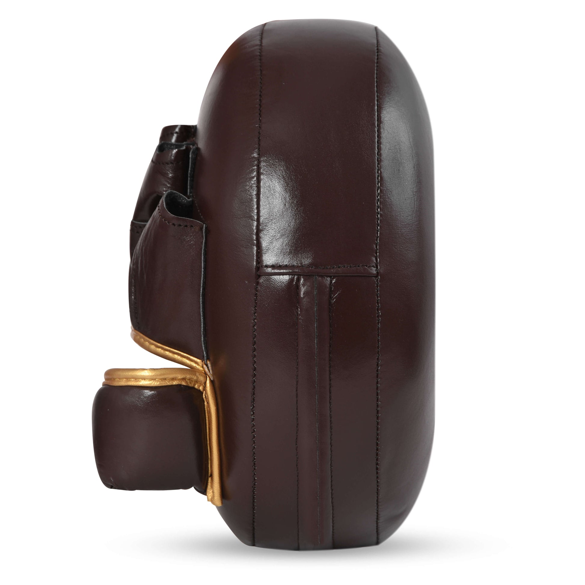 Side profile of Fereli Air Mitts in brown leather with gold accents, highlighting thick padding and ergonomic contour for boxing and strike training.