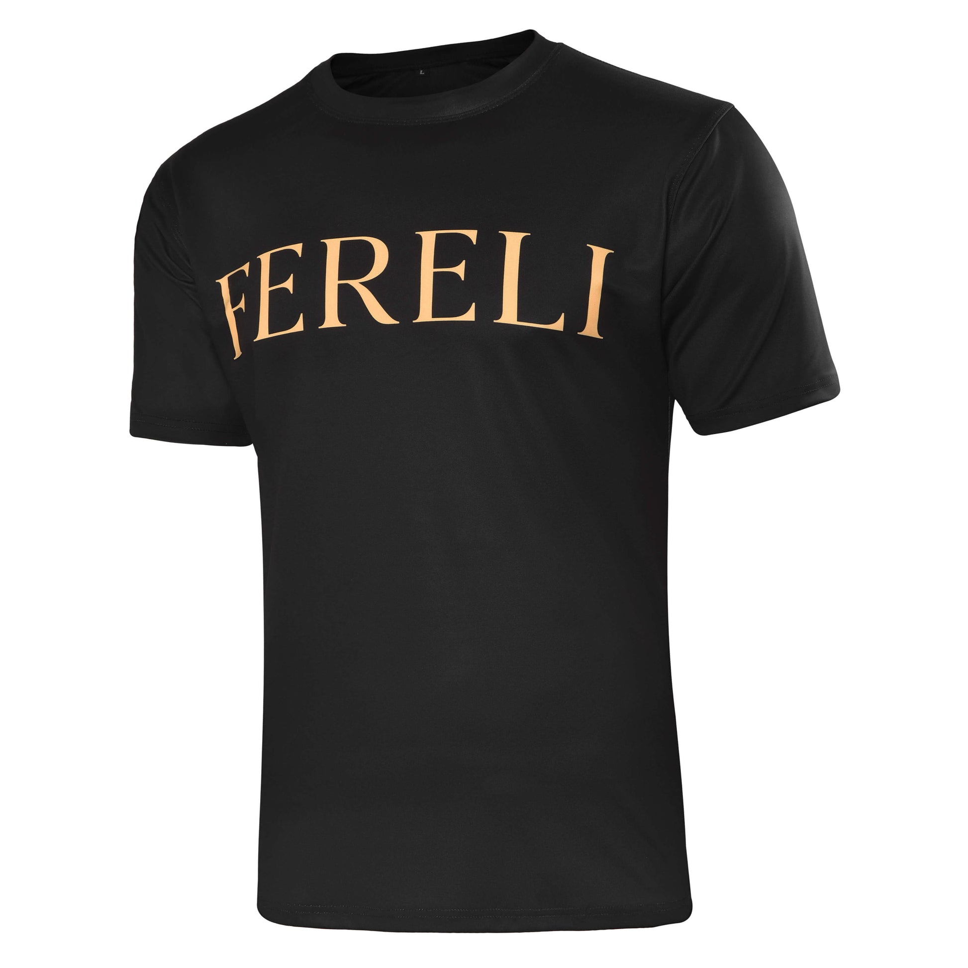 Angled front view of Fereli black T-shirt featuring bold gold logo — modern boxing fan apparel from a premium boxing clothes shop and boxing clothing store.