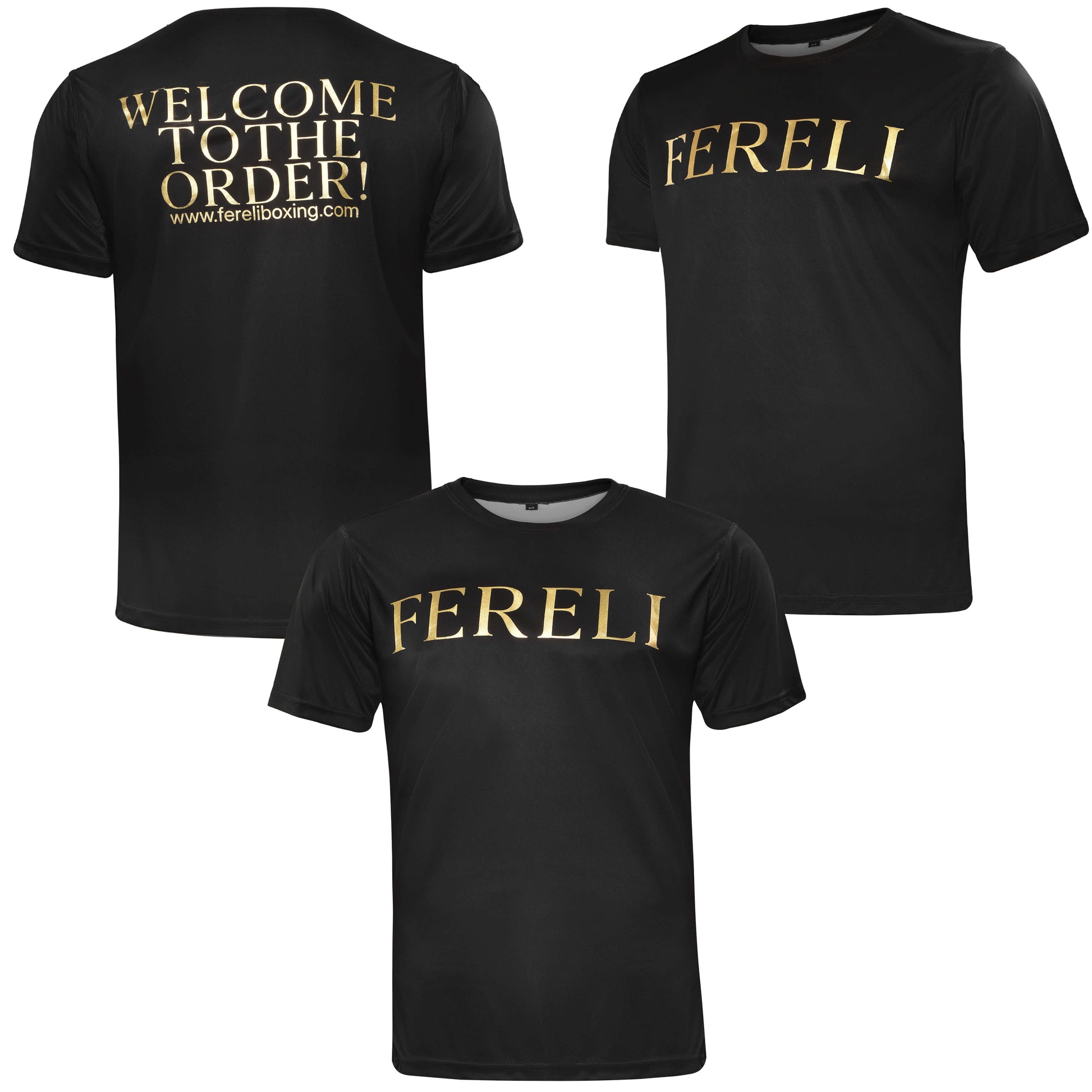 Set of Fereli black T-shirts featuring gold “FERELI” logo on the front and “Welcome to the Order” slogan on the back — premium boxing fan apparel from a modern boxing clothes shop and boxing clothing store.