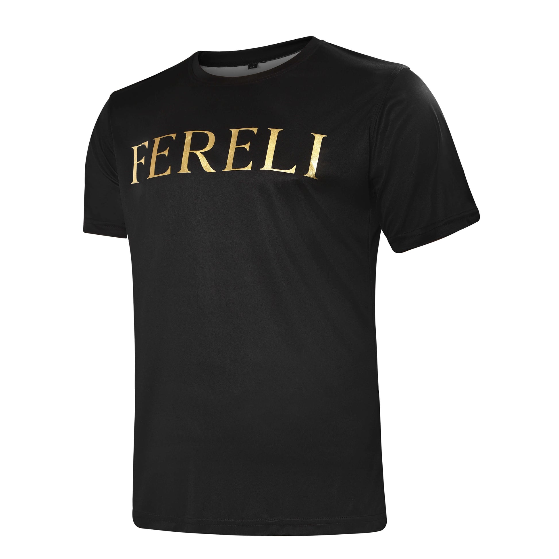 Angled view of Fereli black T-shirt with metallic gold logo across the chest — stylish boxing apparel from premium boxing clothing store and boxing clothes shop.
