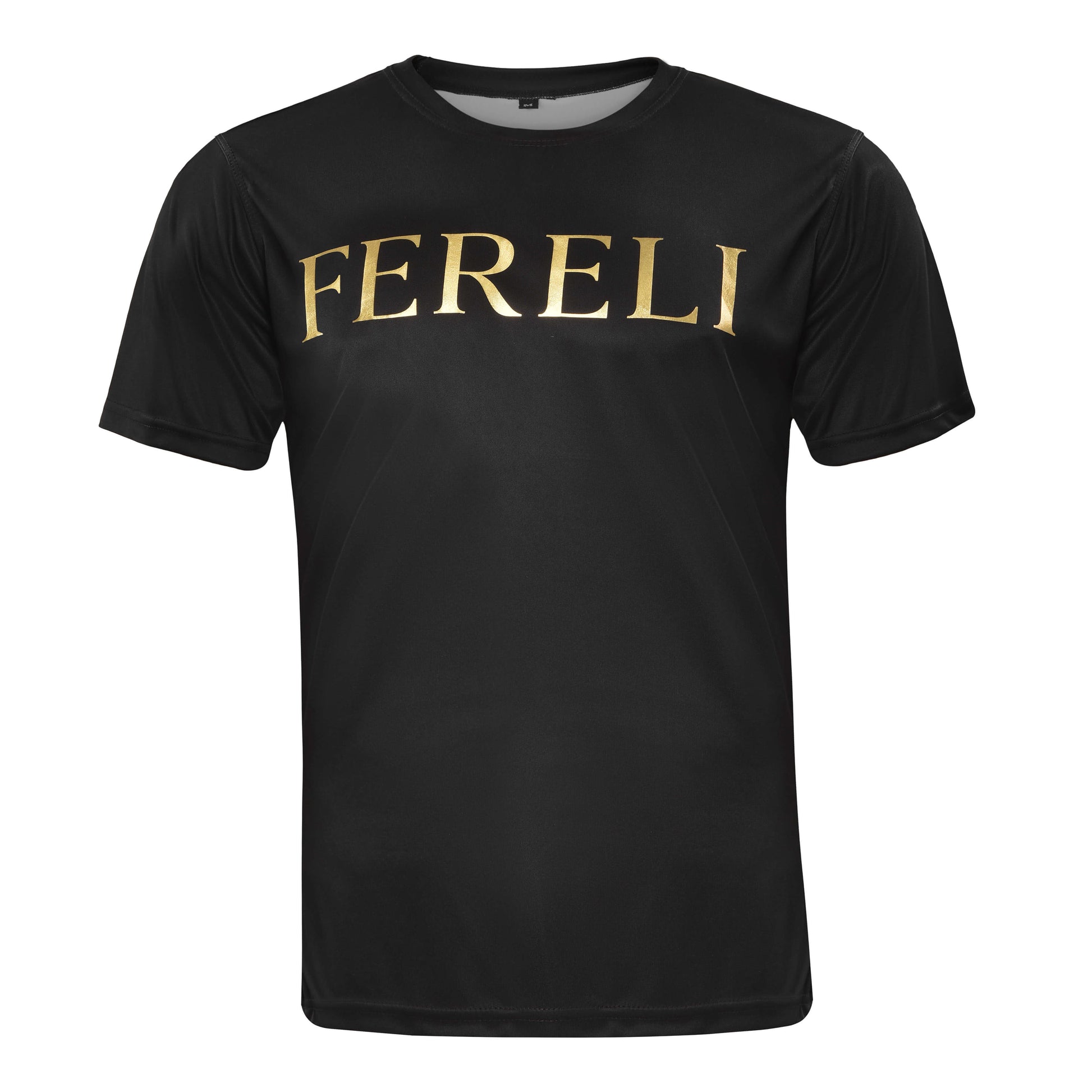 Front view of Fereli black T-shirt with bold metallic gold logo — premium fan apparel from boxing clothes shop and athletic lifestyle clothing brand.