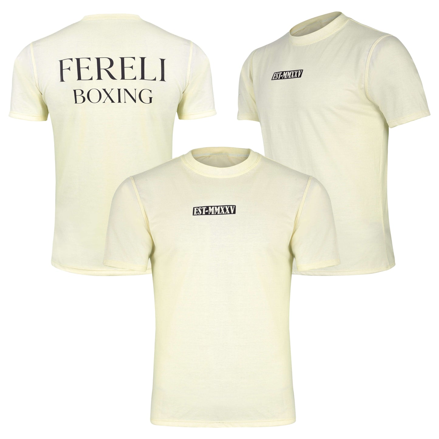 Multi-view image of the Fereli Core T-Shirt showing front, back, and angled views of a premium boxing t-shirt