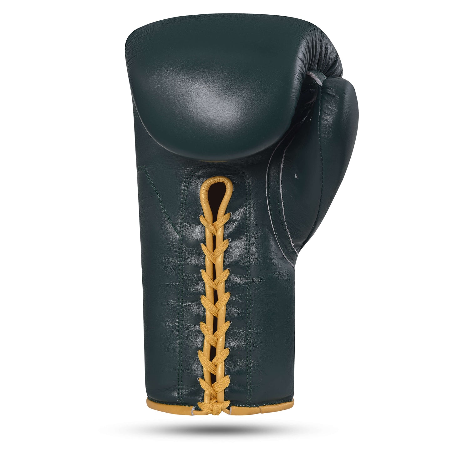 Fereli Dastan boxing hands glove in dark green full grain leather, back view with gold lace closure, featured in Fereli boxing catalog.