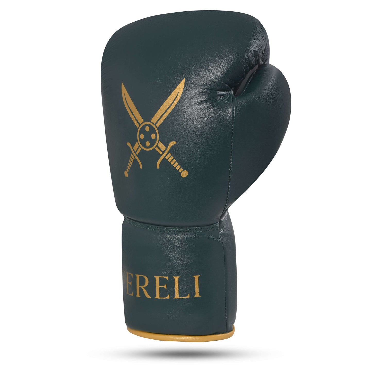 Fereli Dastan full grain leather boxing glove in green with gold crossed swords emblem, showcasing premium boxing hands equipment from the Fereli catalog.