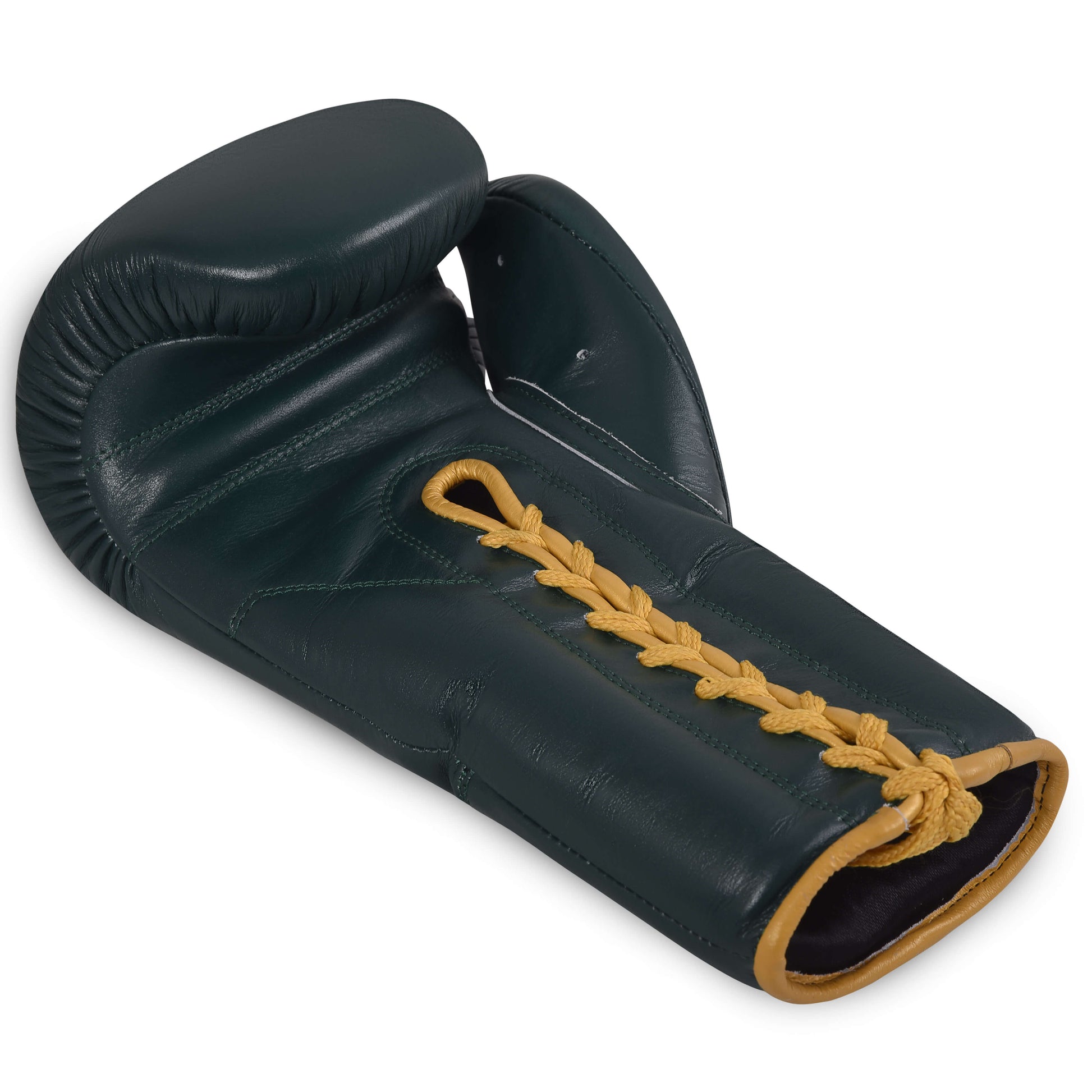 Fereli Dastan boxing hands glove in dark green full grain leather, laying flat with gold lace detail, premium design from the boxing catalog.