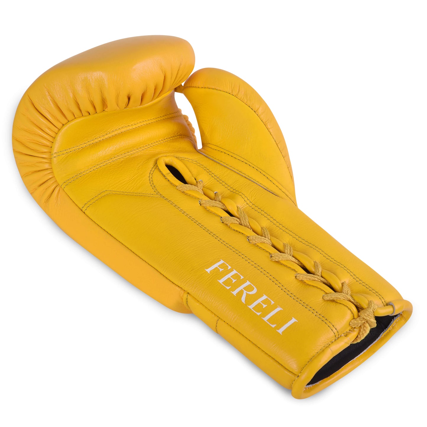 Fereli Emberlight yellow boxing glove angled flat view. Premium simple boxing glove crafted in leather, available in 8 oz size, ideal for boxing or kickboxing training.