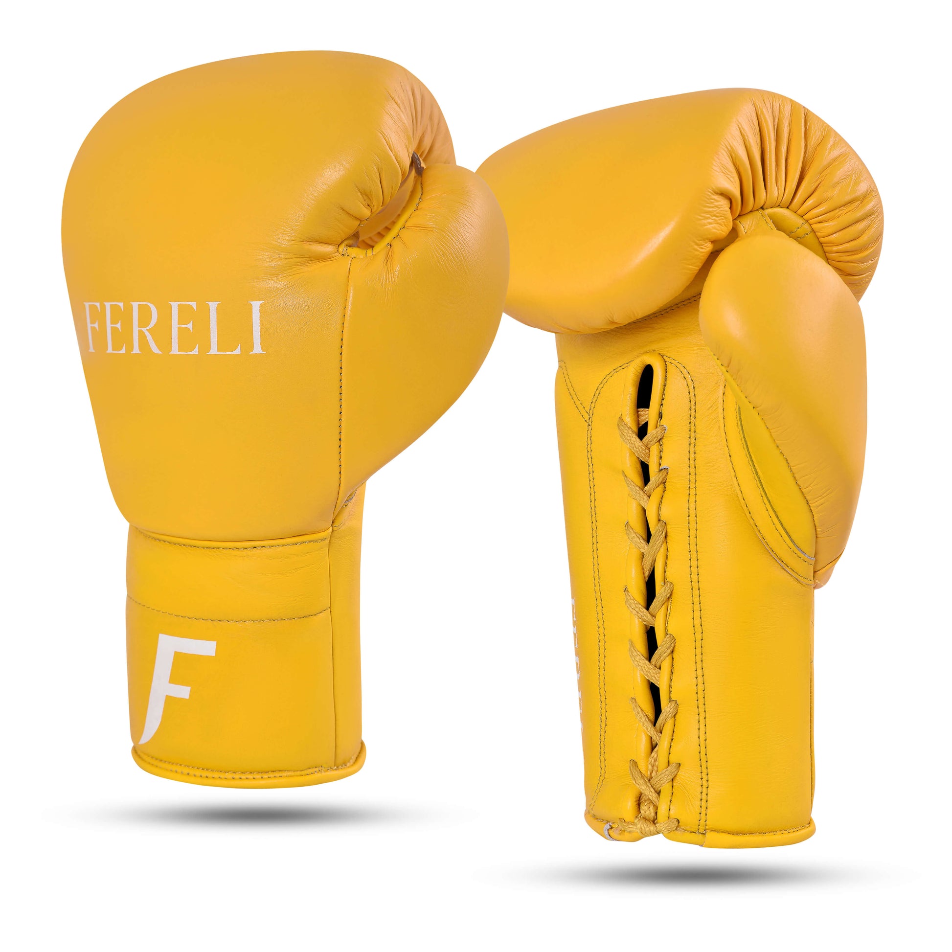 Fereli Emberlight yellow boxing gloves angled view. Premium simple boxing gloves made from genuine leather, ideal as 8 oz leather boxing gloves for beginners or durable leather kickboxing gloves.