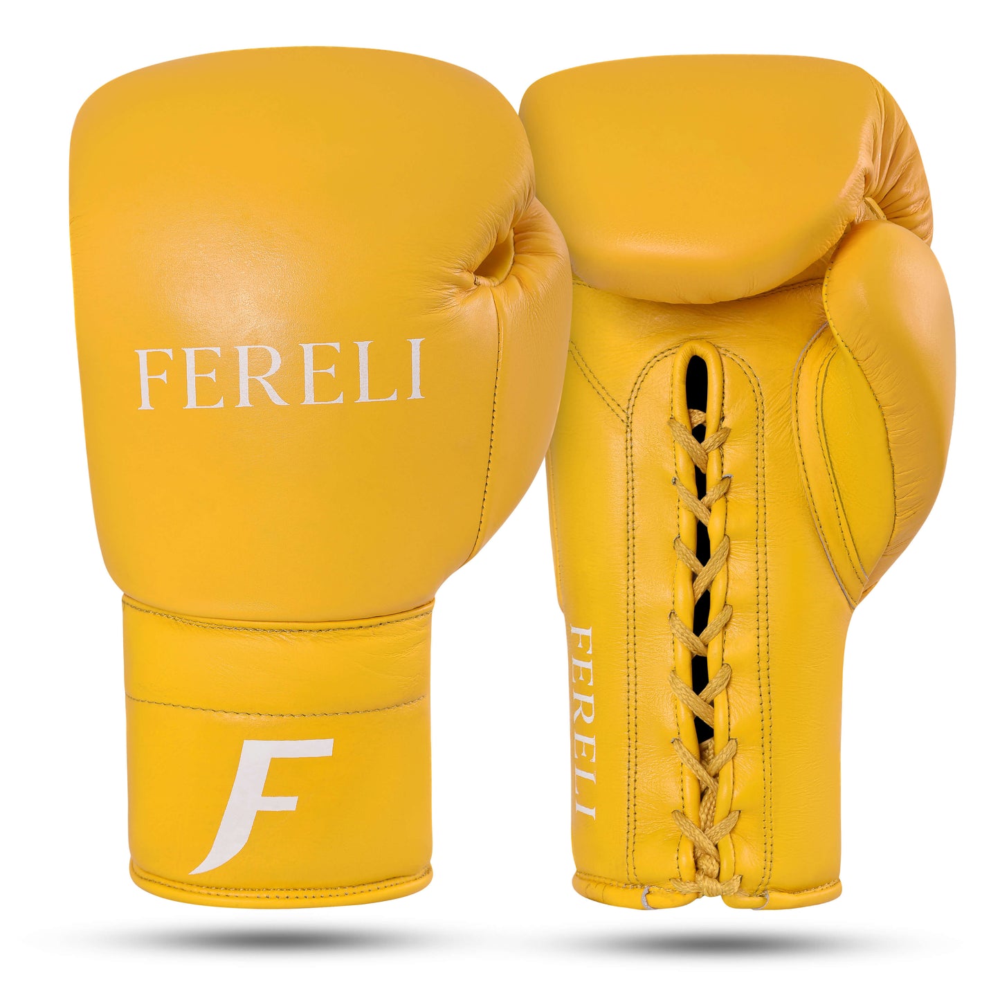 Fereli Emberlight yellow boxing gloves, front and back view. Premium simple boxing gloves made from genuine leather, lightweight 8 oz leather boxing gloves also suitable as leather kickboxing gloves.