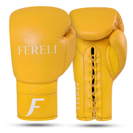 Fereli Emberlight yellow boxing gloves, front and back view. Premium simple boxing gloves made from genuine leather, lightweight 8 oz leather boxing gloves also suitable as leather kickboxing gloves.