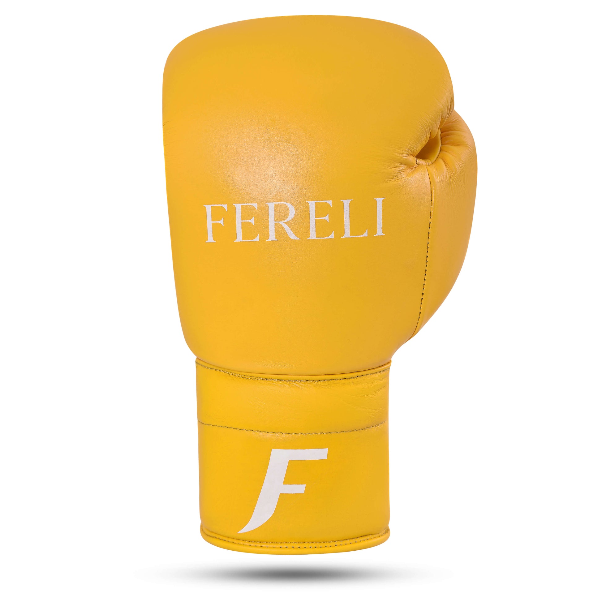 Front view of Fereli Emberlight yellow boxing glove. A simple leather glove design in 8 oz, perfect for boxing training or kickboxing practice.
