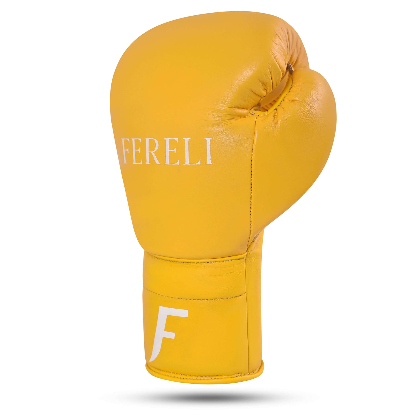 Fereli Emberlight yellow boxing glove shown from the side. Crafted in premium leather, ideal as a simple 8 oz glove for boxing or kickboxing practice.