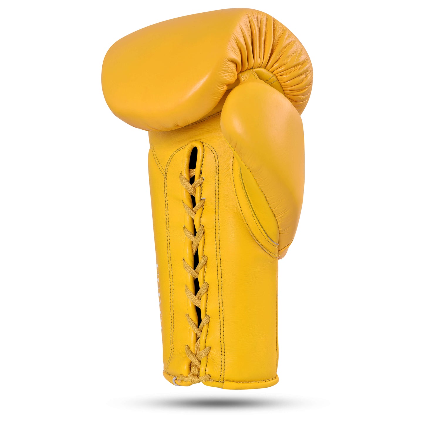 Fereli Emberlight yellow boxing gloves side view. Designed as simple boxing gloves with premium leather, perfect for use as 8 oz leather boxing gloves or durable leather kickboxing gloves.