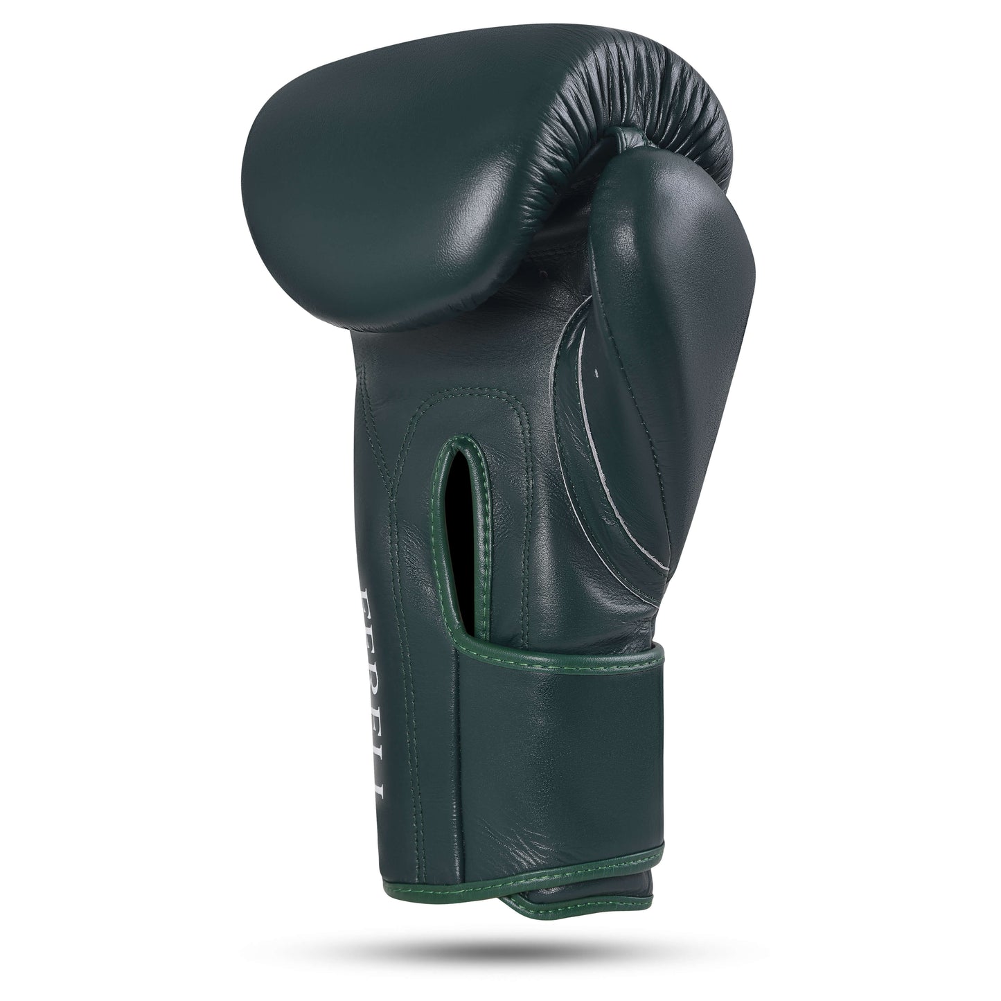 Fereli Evergreen colorful boxing glove in dark green leather, side profile view with visible wrist strap and padding.