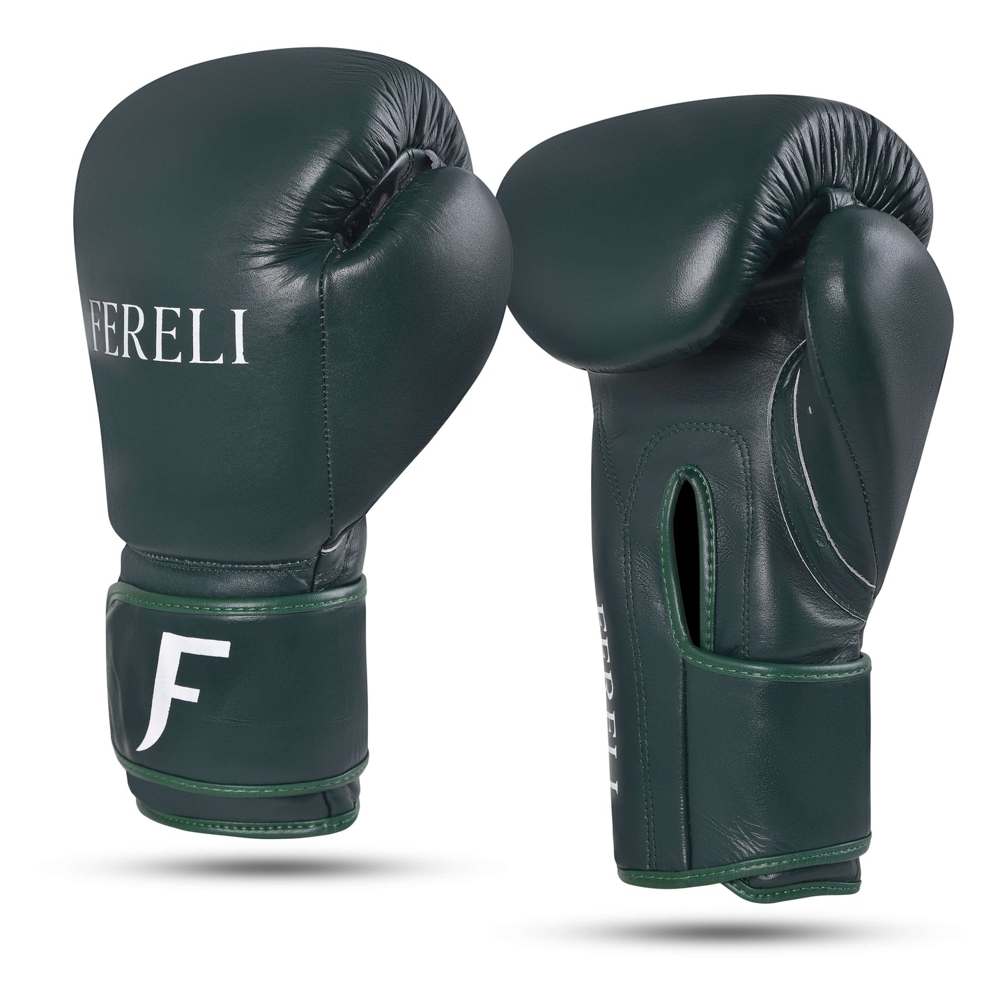 Fereli Evergreen colorful boxing gloves in deep green leather, side angle view highlighting wrist strap and padding.
