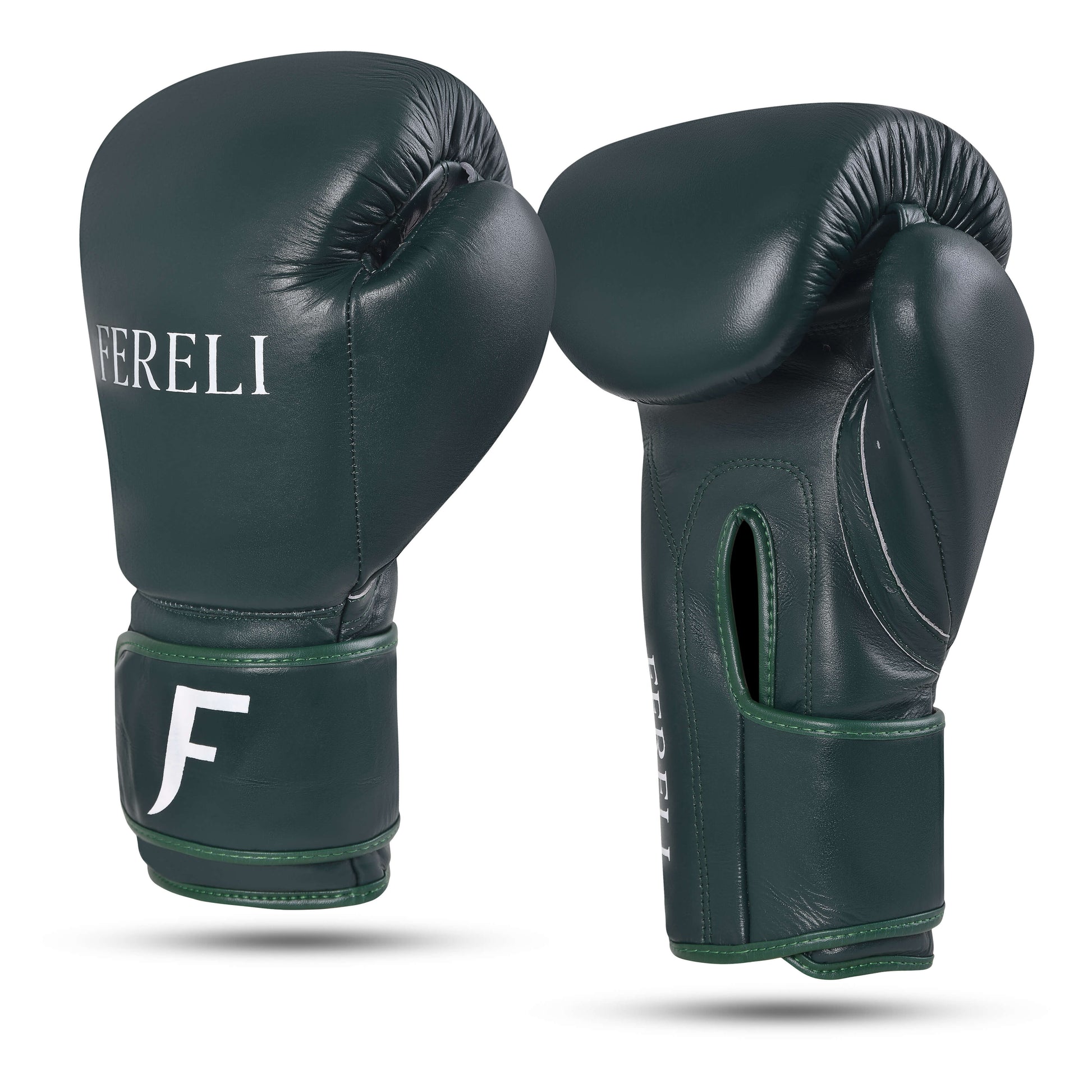 Fereli Evergreen colorful boxing gloves in deep green leather, side angle view highlighting wrist strap and padding.