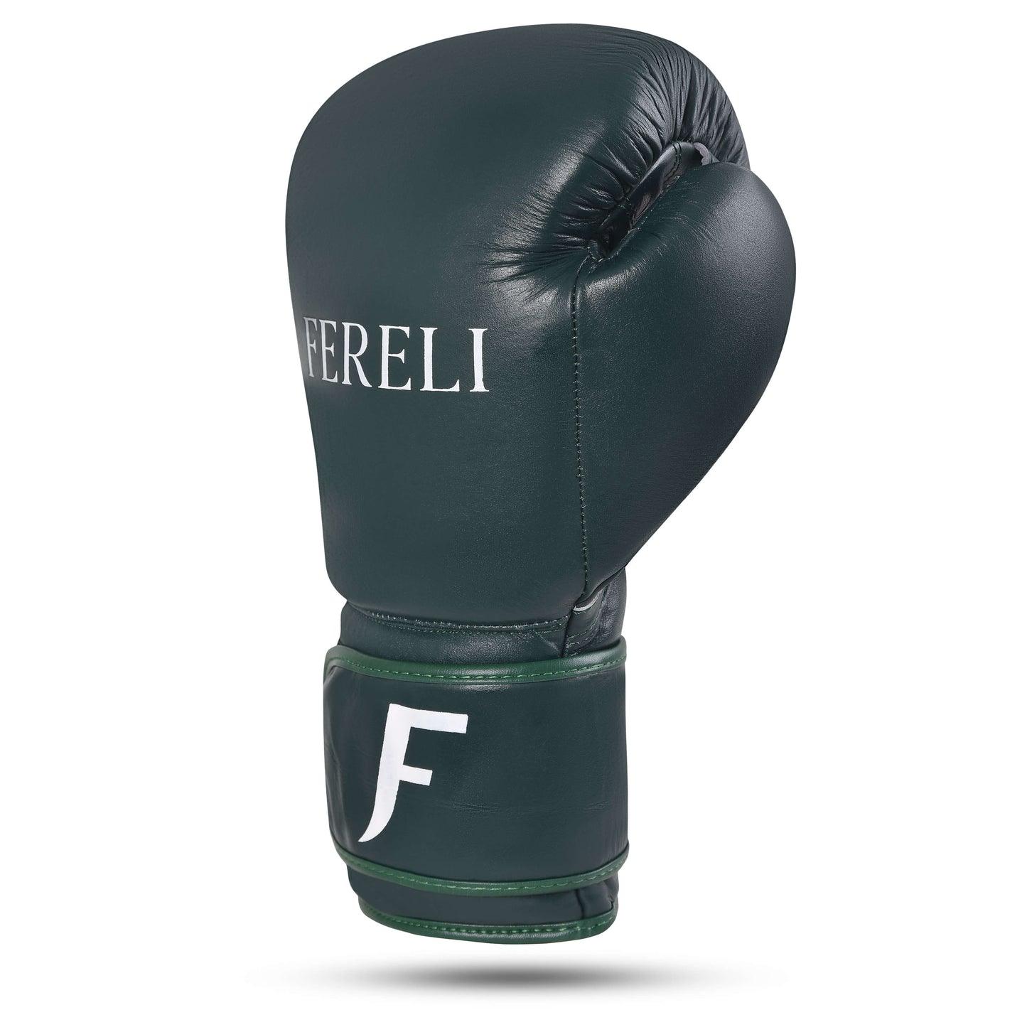 Fereli Evergreen colorful boxing glove in dark green leather, side angle showing ergonomic padding and velcro wrist strap.
