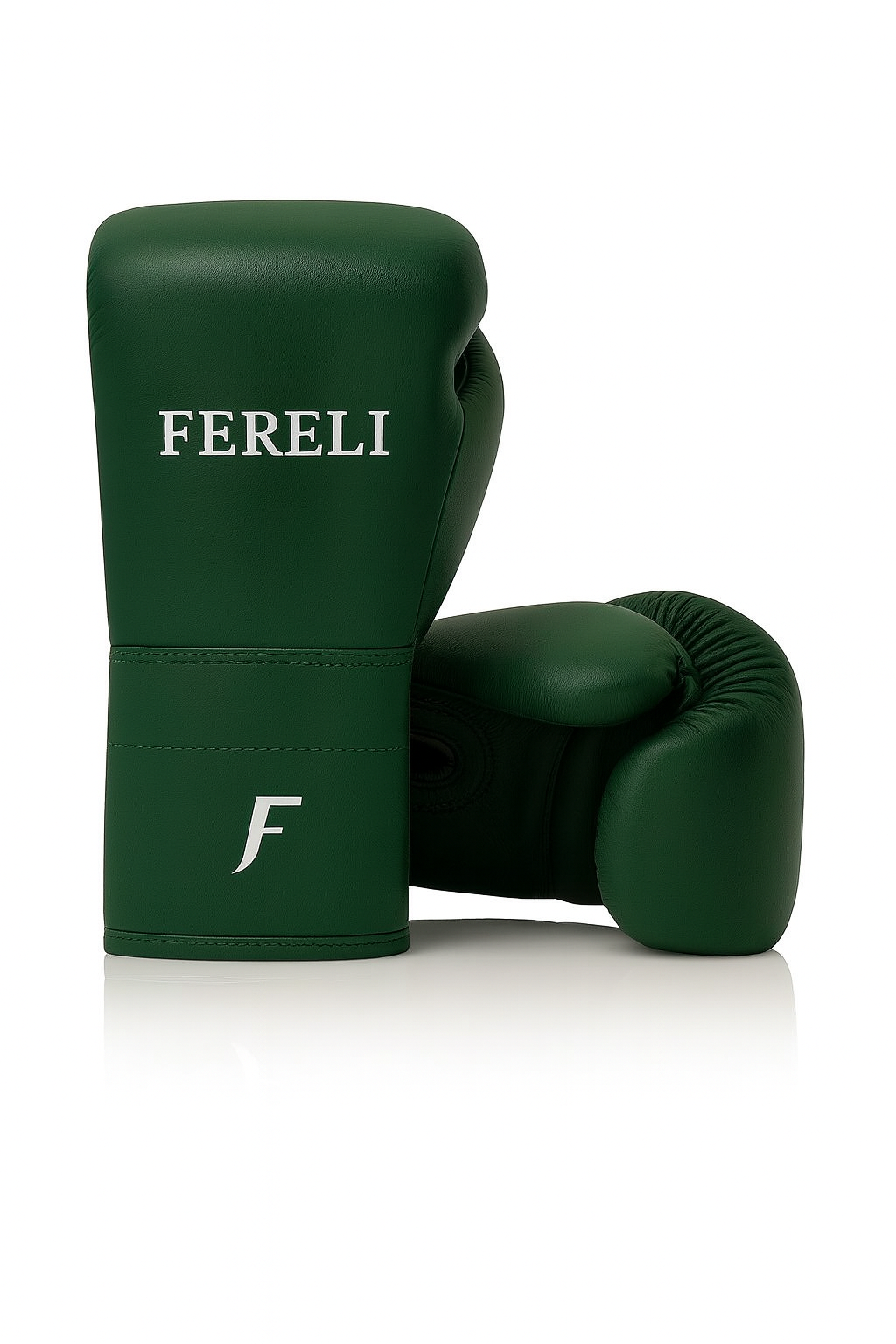 Fereli Evergreen colorful boxing gloves in forest green top-grain leather with multi-layered foam padding, shown front and side by side on white background.