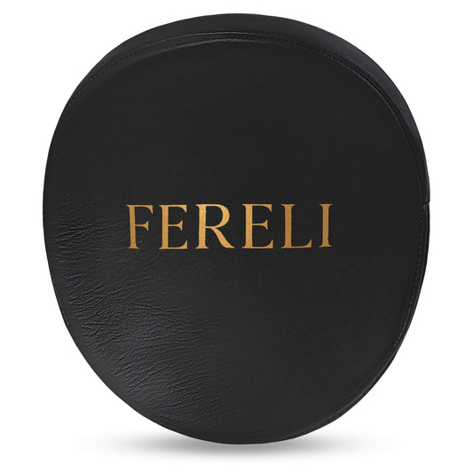 Fereli black leather focus mitts front view with gold logo.