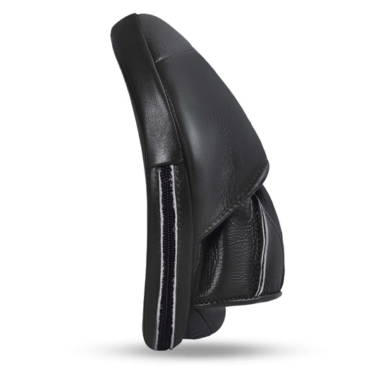 Fereli black leather focus mitts side view with curved padding.