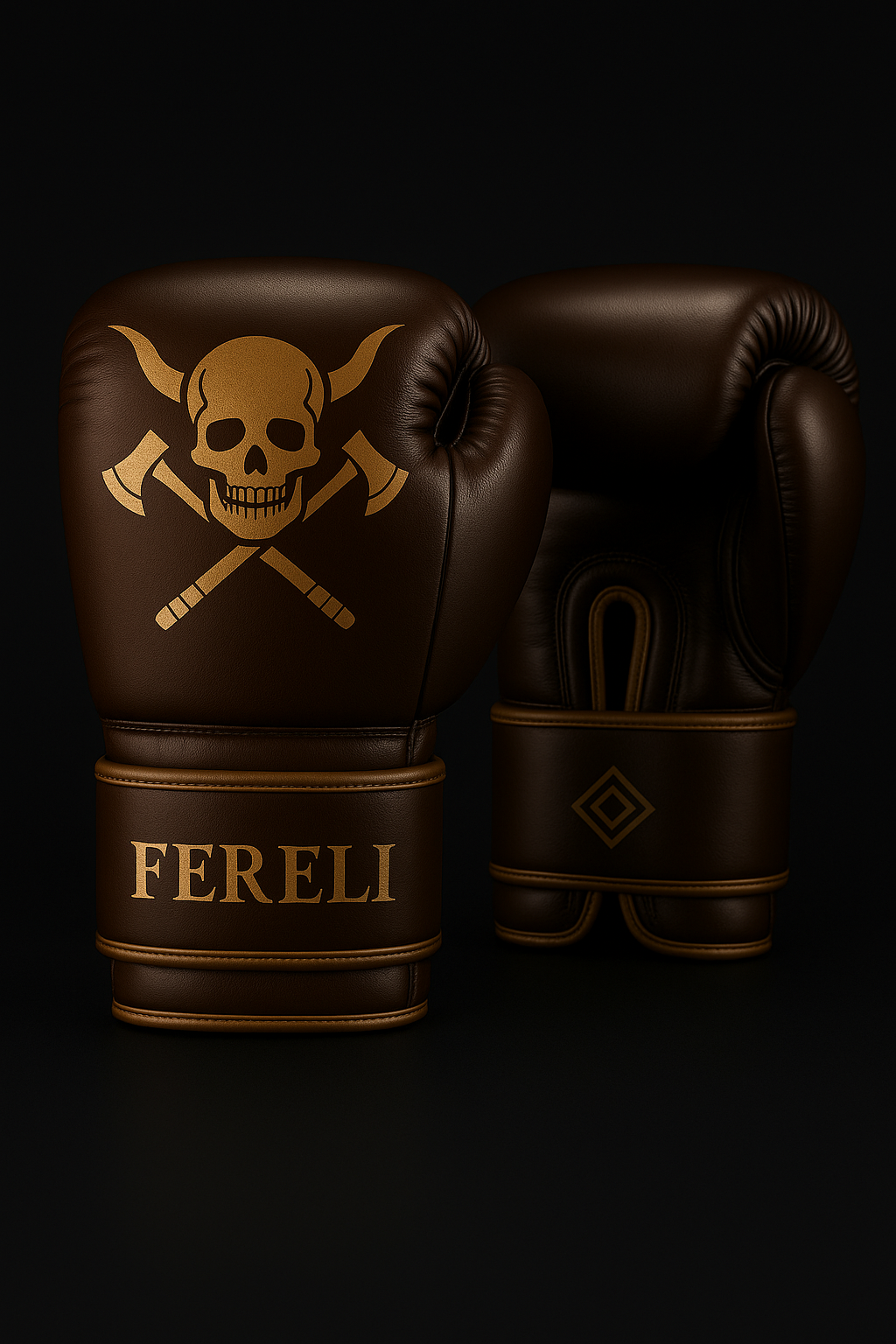 Fereli Huskarl - 16oz strap boxing gloves online in brown leather with gold skull design, inspired by Viking warriors on black background.