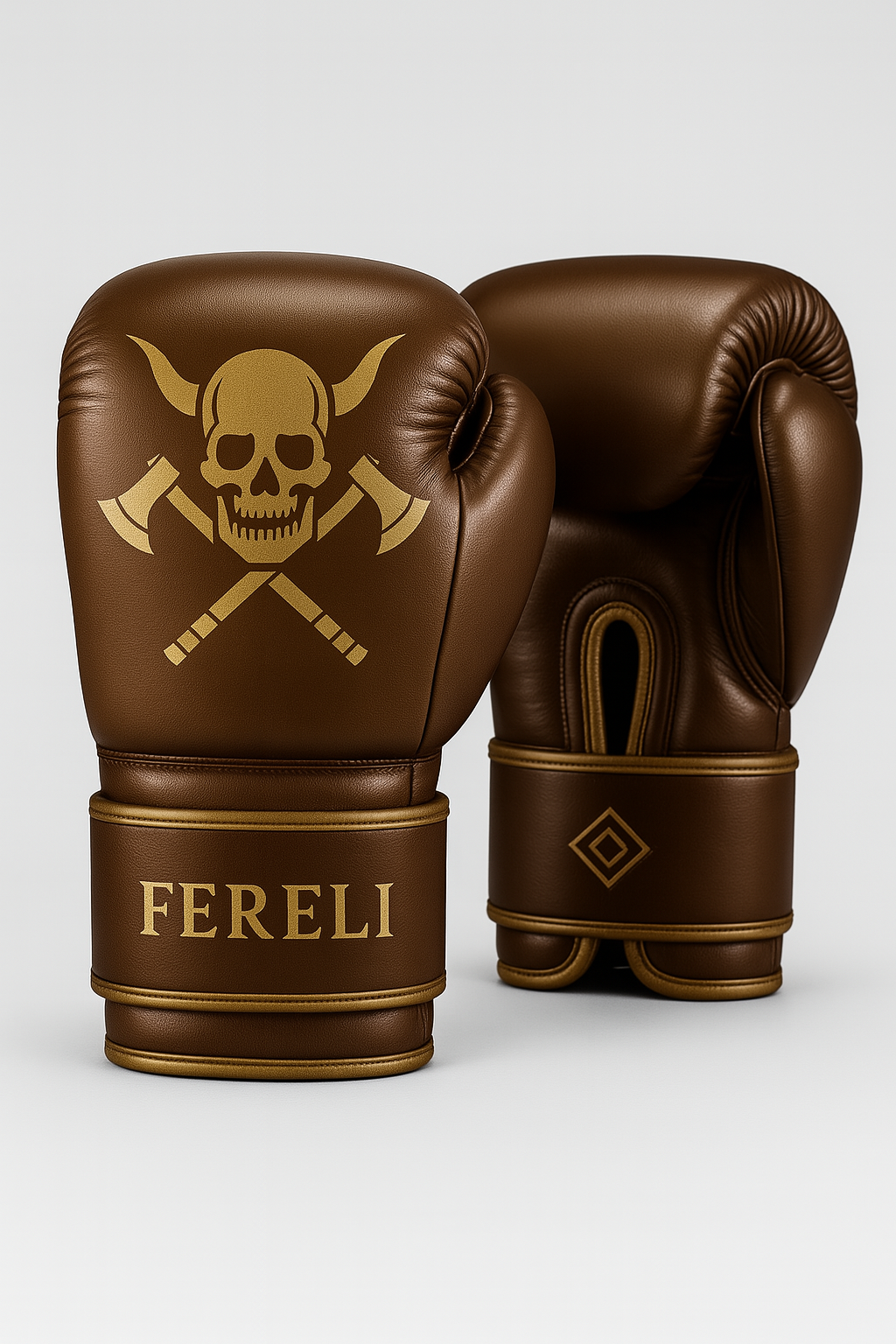 Fereli Huskarl - 16oz strap boxing gloves online in brown leather with gold skull design, inspired by Viking warriors, on a white background