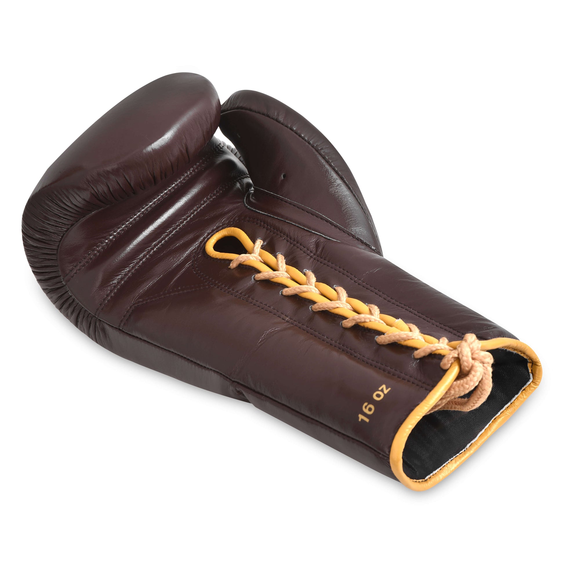 Fereli Huskarl Lace Up Boxing Gloves in dark brown leather, shown in an angled view highlighting the handcrafted laces and 16 oz weight — premium brand boxing gear for box MMA and enthusiasts shopping for boxing gloves online.