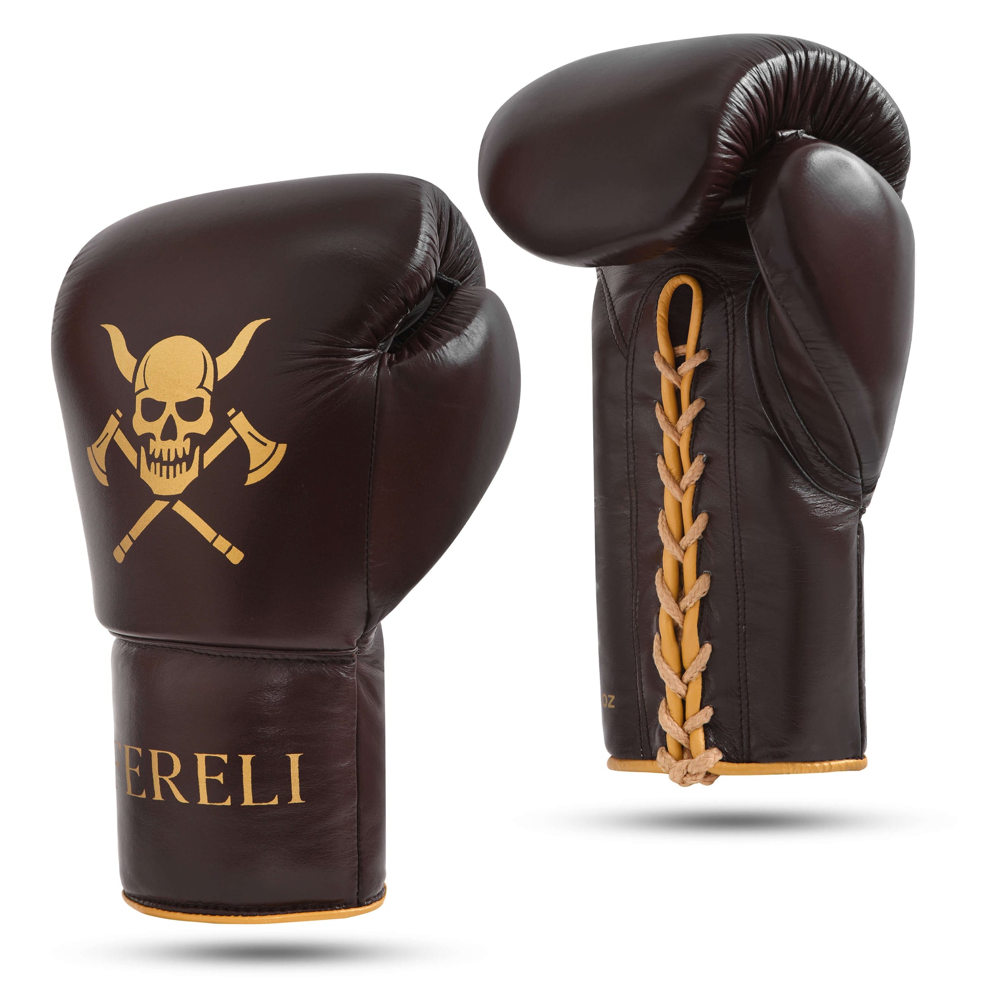 Fereli Huskarl Lace Up Boxing Gloves shown in front and side view, featuring a dark brown leather finish with golden Viking skull emblem and handcrafted laces — ideal for fighters looking to buy boxing gloves online for box MMA and brand boxing gear collections.