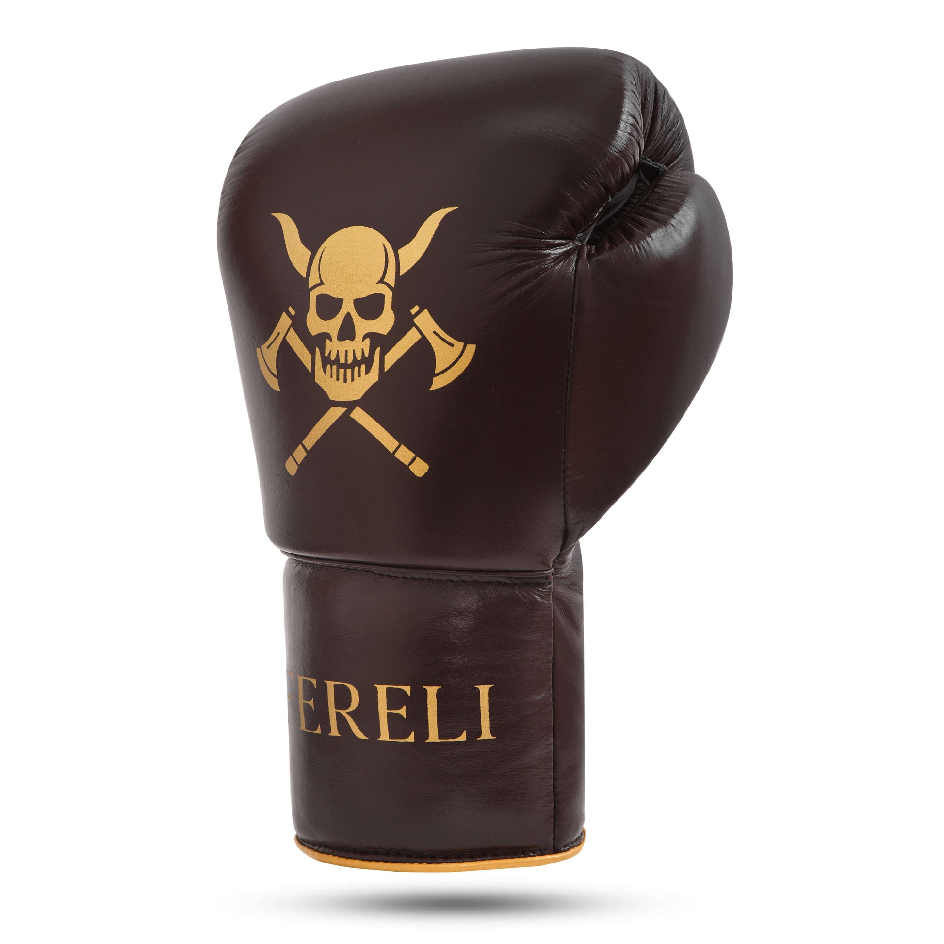 Fereli Huskarl Lace Up Boxing Gloves displayed in an angled front view, showcasing the Viking skull and axe emblem in gold on dark brown leather — premium brand boxing gloves for box MMA and ideal for purchasing boxing gloves online.