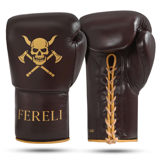 Fereli Huskarl Lace Up Boxing Gloves in dark brown leather shown from front and back, highlighting the gold Viking skull and axes design, detailed lacing, and premium stitching — ideal boxing gloves for box MMA and online gear purchase.