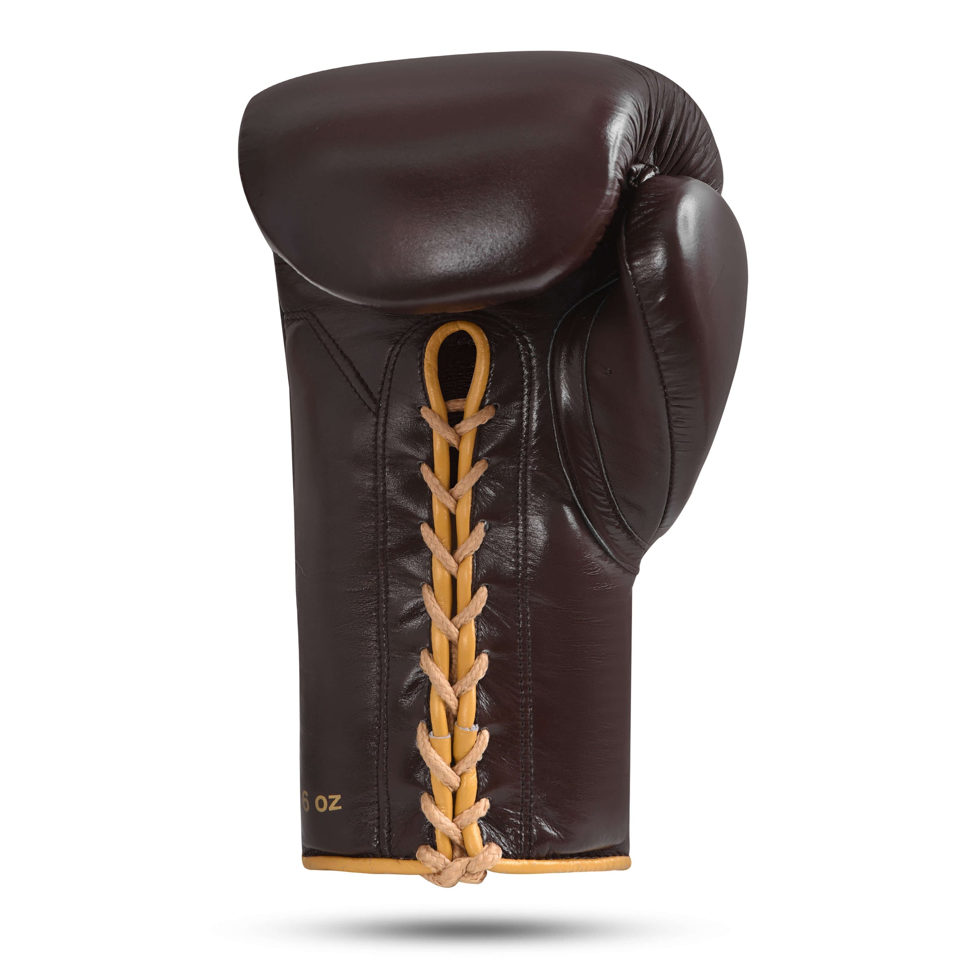 Fereli Huskarl Lace Up Boxing Gloves in brown leather shown from the side, featuring tightly stitched tan laces and ergonomic shaping — premium boxing gloves for box MMA and online purchase.
