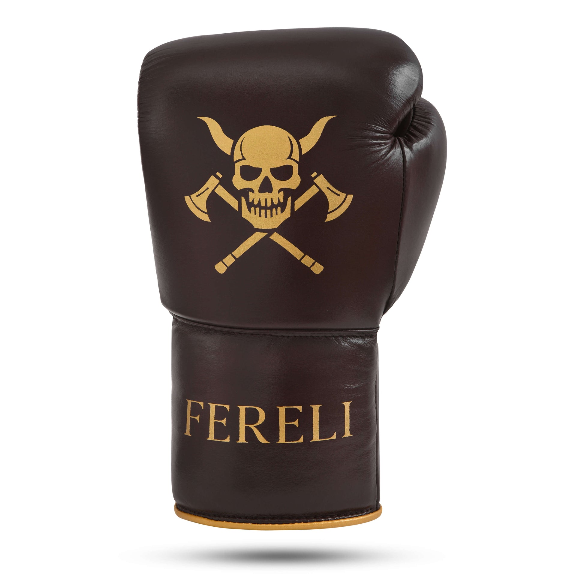 Fereli Huskarl Lace Up Boxing Gloves in rich brown leather, shown from the front with a bold gold skull and axe emblem and “FERELI” branding on the cuff — premium handcrafted boxing gloves for box MMA.